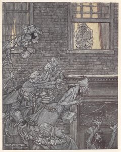 Scrooge ved vinduet sitt og ser på spøkelser i gaten nedenfor av Arthur Rackham