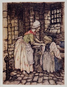 Hun arrangerte sjalet med en profesjonell fold, og bandt strengene til det rustne panseret under haken hans, fra Wind in the Willows av Kenneth Grahame (1859 - 1932), pub. 1940 av Arthur Rackham
