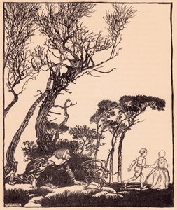 Hun krøp etter dem i all hemmelighet, som hekser kryper. Illustrasjon av Arthur Rackham fra Grimm