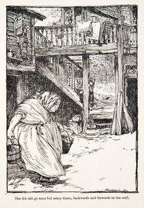 Hun gikk ikke en gang, men mange ganger, frem og tilbake til brønnen, fra The Fairy Tales of the Brothers Grimm, pub. 1909 av Arthur Rackham