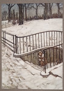 Hun løp godt til St Govers og gjemte seg .. , fra Peter Pan i Kensington Gardens av JM Barrie (1860 - 1937), pub. 1906 av Arthur Rackham