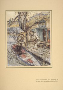 «Skyv det under foten din», observerte han (Ratty) til føflekken da han førte den ned i båten. av Arthur Rackham