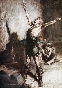 Siegfried smir sverdet sitt. Illustrasjon for Siegfried og The Twilight of the Gods av Richard Wag av Arthur Rackham