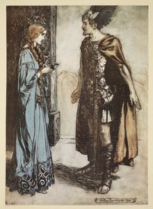 Siegfried gir drikkehornet tilbake til Gutrune, og stirrer på henne med plutselig lidenskap, illustrasjon fra 