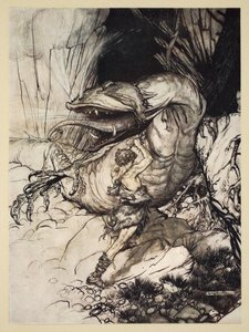 Siegfried dreper Fafner, illustrasjon fra 'Siegfried and the Twilight of the Gods', 1924 av Arthur Rackham