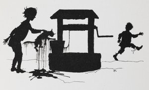 Silhuett av en gutt som trekker en katt ut av en brønn. av Arthur Rackham