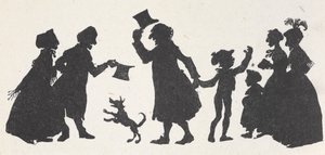 Silhuett av en ung gutt og en mann som hilser på folk på vei hjem fra kirken. av Arthur Rackham