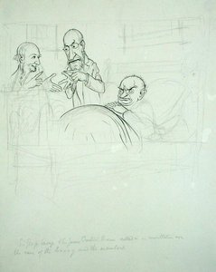 Sir George Savage og Sir James Crichton Browne (1840-1937) innkalte i samråd om saken til BXXXY og medlemmene (penn og blekk og blyant på papir) av Arthur Rackham