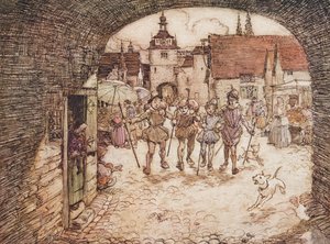 Så de fire brødrene tok stokkene sine i hendene, sa farvel til faren og gikk ut av byporten, fra The Fairy Tales of the Brothers Grimm, pub. 1909 av Arthur Rackham