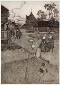 Noen av husene til de opprinnelige nybyggerne., fra Rip Van Winkle av Washington Irving, pub. 1910 av Arthur Rackham