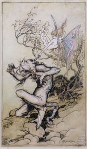 Sprite and Monster, en illustrasjon fra Tales from Shakespeare av Charles (1775-1834) og Mary Lamb (1764-1847) 1909 (penn og blekk, wc) av Arthur Rackham