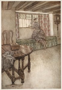 Merkelige navn var over dørene - merkelige ansikter ved vinduene - alt var rart., fra Rip Van Winkle av Washington Irving, pub. 1910 av Arthur Rackham