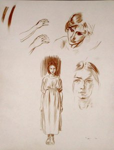 Studier av en kvinne, av ansikter og av hender (sangvinsk på papir) av Arthur Rackham