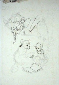 Studie for Emma Williams Burlinghams bokplate (penn, blekk og akvarell på papir) av Arthur Rackham