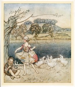 Tattercoats danser mens goosherden piper, fra English Fairy Tales, pub. 1922. av Arthur Rackham