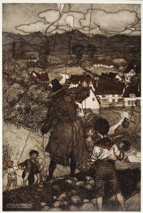 Lærte dem å fly drager., fra Rip Van Winkle av Washington Irving, pub. 1910 av Arthur Rackham