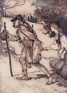 Tiggeren tok henne i hånden og førte henne bort fra The Fairy Tales of the Brothers Grimm, pub. 1909 av Arthur Rackham