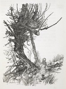 Cheshire-katten i et tre ser ned på Alice av Arthur Rackham