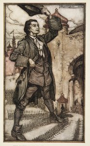The Emperor of Lilliput anmelder sine tropper, fra Gulliver's Travels av Jonathon Swift (1667 - 1745), pub. 1909 (farge litho) av Arthur Rackham