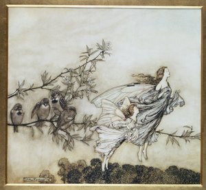 The Fairies har sin Tiff with the Birds, illustrasjon fra 1906 for Peter Pan i Kensington Gardens av J.M. Barrie, pub. 1906 (blekk og wc)