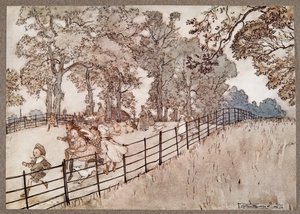 The Hump som er den delen av Broad Walk hvor alle de store løpene kjøres, fra Peter Pan i Kensington Gardens av J M Barrie (1860 - 1937), pub. 1906 av Arthur Rackham