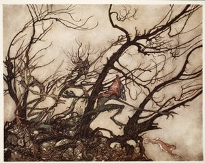 Indianerne betraktet dem som åndenes bolig., fra Rip Van Winkle av Washington Irving, pub. 1910 av Arthur Rackham