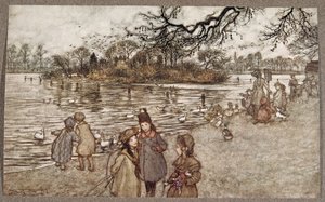 Øya som alle fuglene er født på som ble til gutter og jenter, fra Peter Pan i Kensington Gardens av J M Barrie (1860 - 1937), pub. 1906 av Arthur Rackham