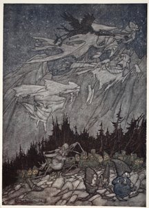 Kaatskill-fjellene hadde alltid vært hjemsøkt av merkelige vesener., fra Rip Van Winkle av Washington Irving, pub. 1910 av Arthur Rackham