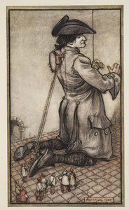 The Lilliputian Tailors Measure Gulliver for a New Suit of Clothes, fra Gullivers Travels av Jonathon Swift (1667 - 1745), pub. 1909 av Arthur Rackham