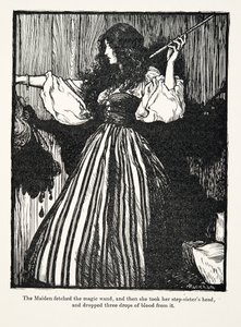 Jomfruen hentet tryllestaven, og så tok hun stesøstrenes hode og slapp tre dråper blod fra den fra The Fairy Tales of the Brothers Grimm, pub. 1909