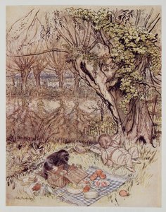The Mole tryglet som en tjeneste om å få lov til å pakke det ut helt selv, fra Wind in the Willows av Kenneth Grahame (1859 - 1932), pub. 1940 av Arthur Rackham