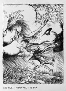 The North Wind and the Sun, illustrasjon fra 'Aesop's Fables', utgitt av Heinemann, 1912 av Arthur Rackham