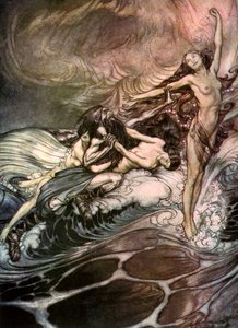 Rhinpikene får ringen i besittelse og bærer den av seg i triumf c1911 av Arthur Rackham