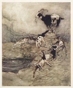 The Seven Kids og moren deres kapret og danset våren rundt i sin glede, fra The Fairy Tales of the Brothers Grimm, pub. 1909 av Arthur Rackham