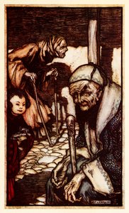 Struldbrugs uheldige udødelige uten evig ungdom som er erklært fra del III: A Voyage to Laputa, Balnibarbi, Luggnagg, Glubbdubdrib, and Japan in Gullivers Travels av Jonathan Swift av Arthur Rackham