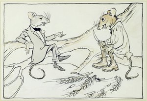 The Town Mouse and the Country Mouse, illustrasjon fra Aesops Fables, utgitt 1912 (penn og blekk med wc på papir) av Arthur Rackham