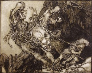 The Twelfth Labour of Hercules, illustrasjon fra The Greek Heroes av B.G. Niebuhr, 1903 (penn og blekk og wc på papir) av Arthur Rackham