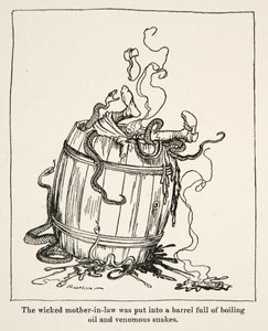 Den onde svigermor ble puttet i en tønne full av kokende olje og giftige slanger, fra Little Brother & Little Sister and Other Tales av brødrene Grimm, pub.1917 (litho) av Arthur Rackham
