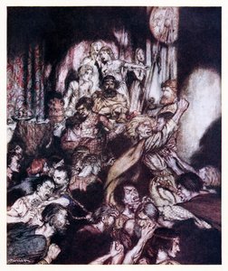 Festsalen var i tumult. fra The Little Brawl in Irish Fairy Tales av Arthur Rackham