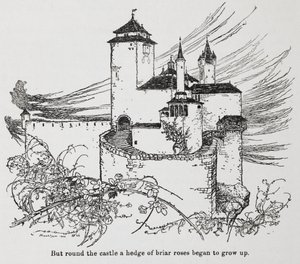 Slottet omgitt av torner fra Briar Rose (Sleeping Beauty) av Arthur Rackham