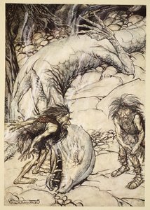 Dvergene krangler om kroppen til Fafner, illustrasjon fra 'Siegfried and the Twilight of the Gods', 1924 av Arthur Rackham