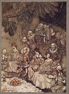 Feene sitter rundt på sopp, og til å begynne med er de veloppdragne, fra Peter Pan i Kensington Gardens av J M Barrie (1860 - 1937), pub. 1906 av Arthur Rackham