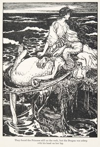 De fant prinsessen fortsatt på steinen, men dragen sov med hodet på fanget hennes, , fra The Fairy Tales of the Brothers Grimm, pub. 1909 av Arthur Rackham