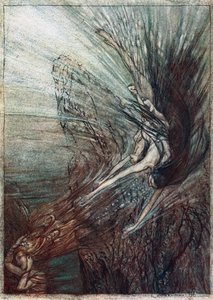 Rhinmaidens boltring. Illustrasjon for Rhinegold og Valkyrien av Richard Wagner, av Arthur Rackham