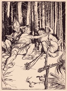 Kjempen ga den som satt ved siden av ham en boks på øret. Illustrasjon av Arthur Rackham fra Grimm