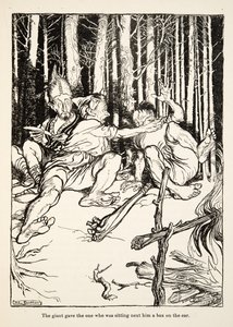 Kjempen ga den som satt ved siden av ham en boks på øret, fra Little Brother & Little Sister and Other Tales av brødrene Grimm, pub.1917 (litho) av Arthur Rackham