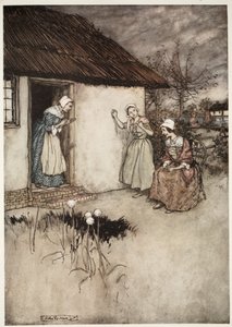 De gode konene i landsbyen sviktet aldri, i kveldssladderen om å legge all skylden på Dame Van Winkle, fra Rip Van Winkle av Washington Irving, pub. 1910 av Arthur Rackham