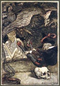 Den lille mannen hadde satt seg i midten av sirkelen på den store hodeskallen, fra puben The Ingoldsby Legends. 1907 av Arthur Rackham