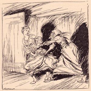 Den gamle kvinnen grep henne i kjolen og prøvde å holde henne fast. Illustrasjon av Arthur Rackham fra Grimm