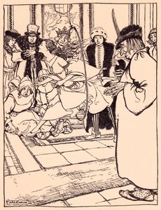 Den vakre jomfruen hoppet lett gjennom bøylen som et rådyr. Illustrasjon av Arthur Rackham fra Grimm